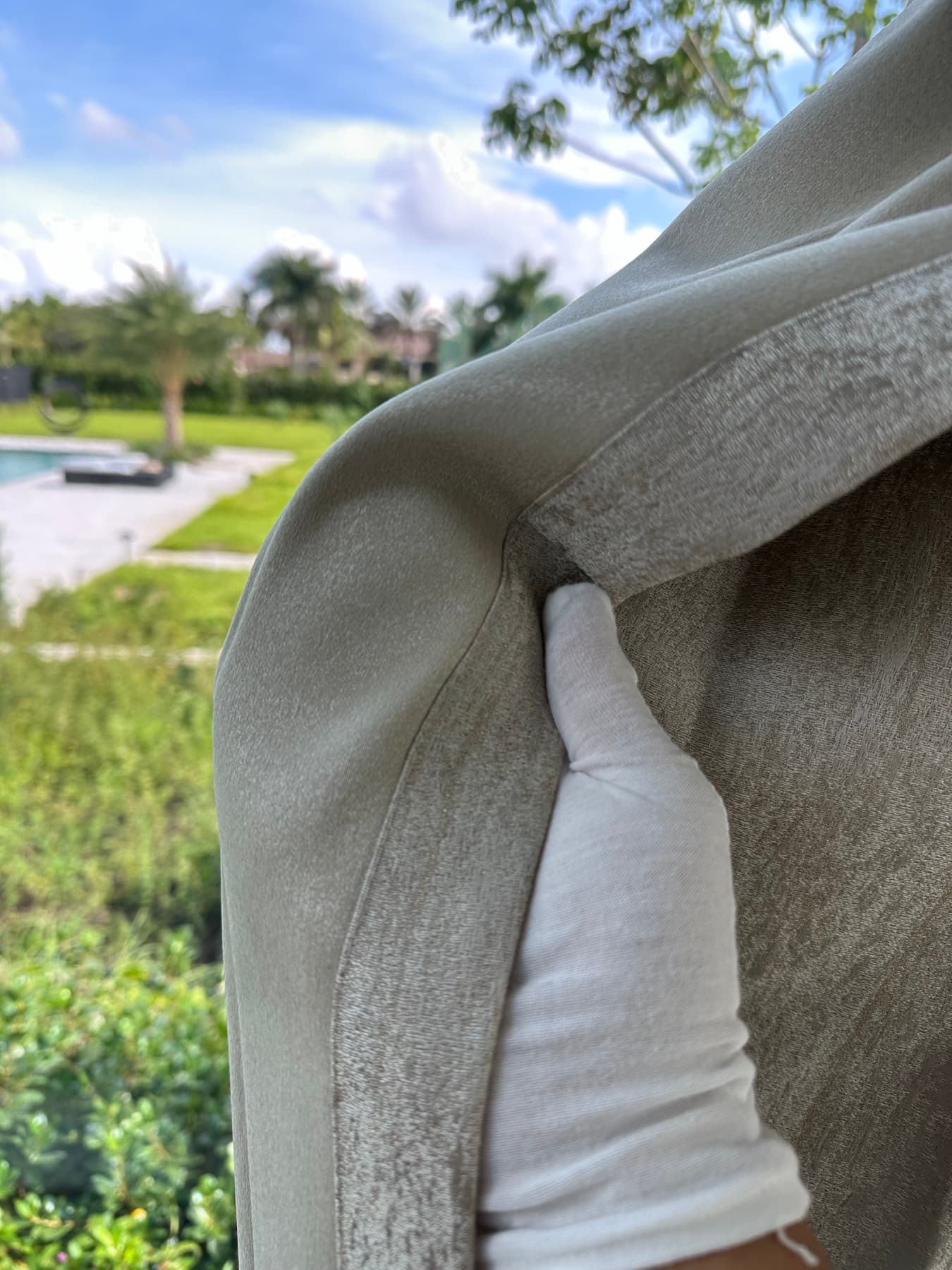 Close detail of installed custom drapery fabric