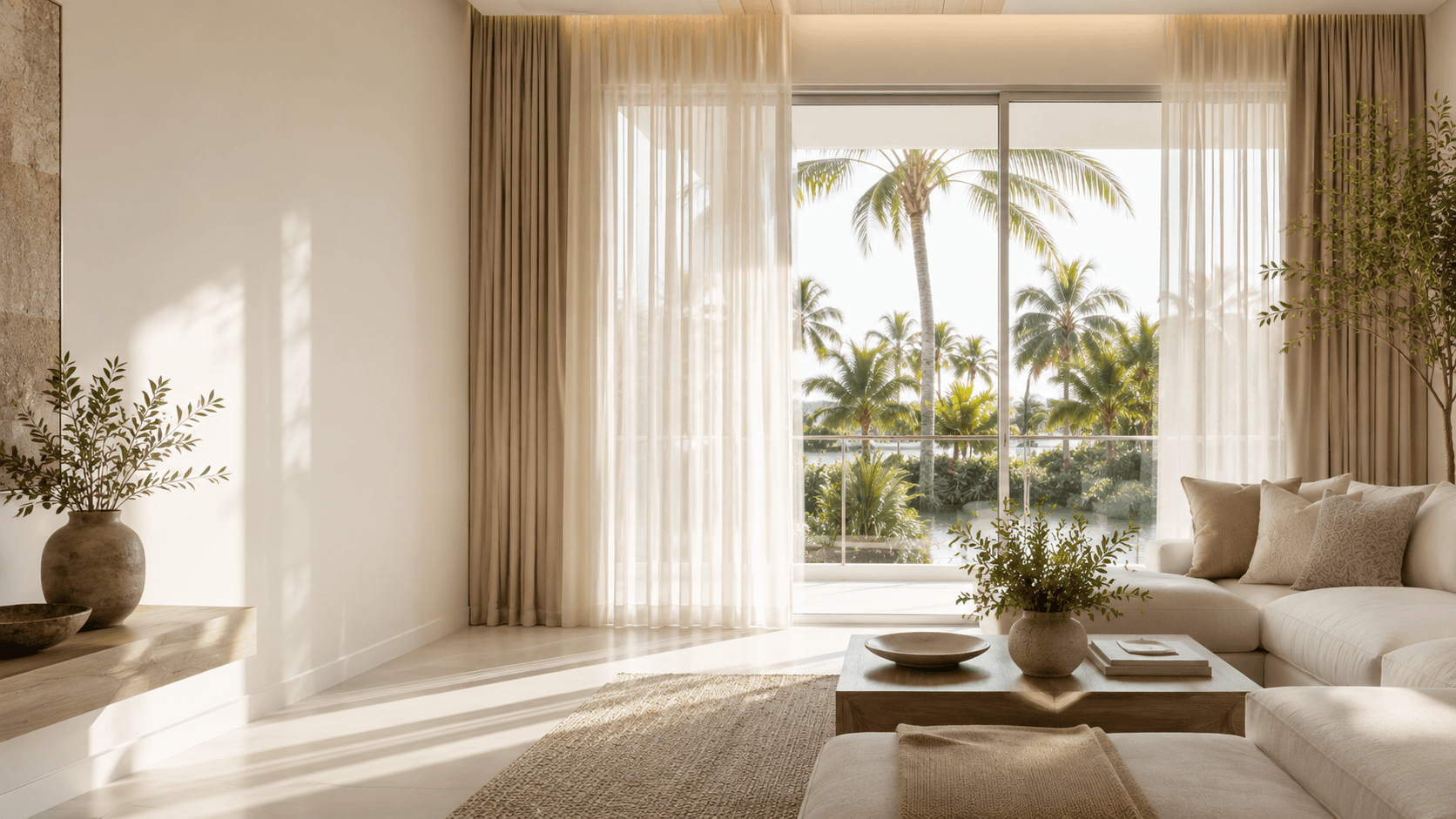 Premium drapery and shades in a bright South Florida living room