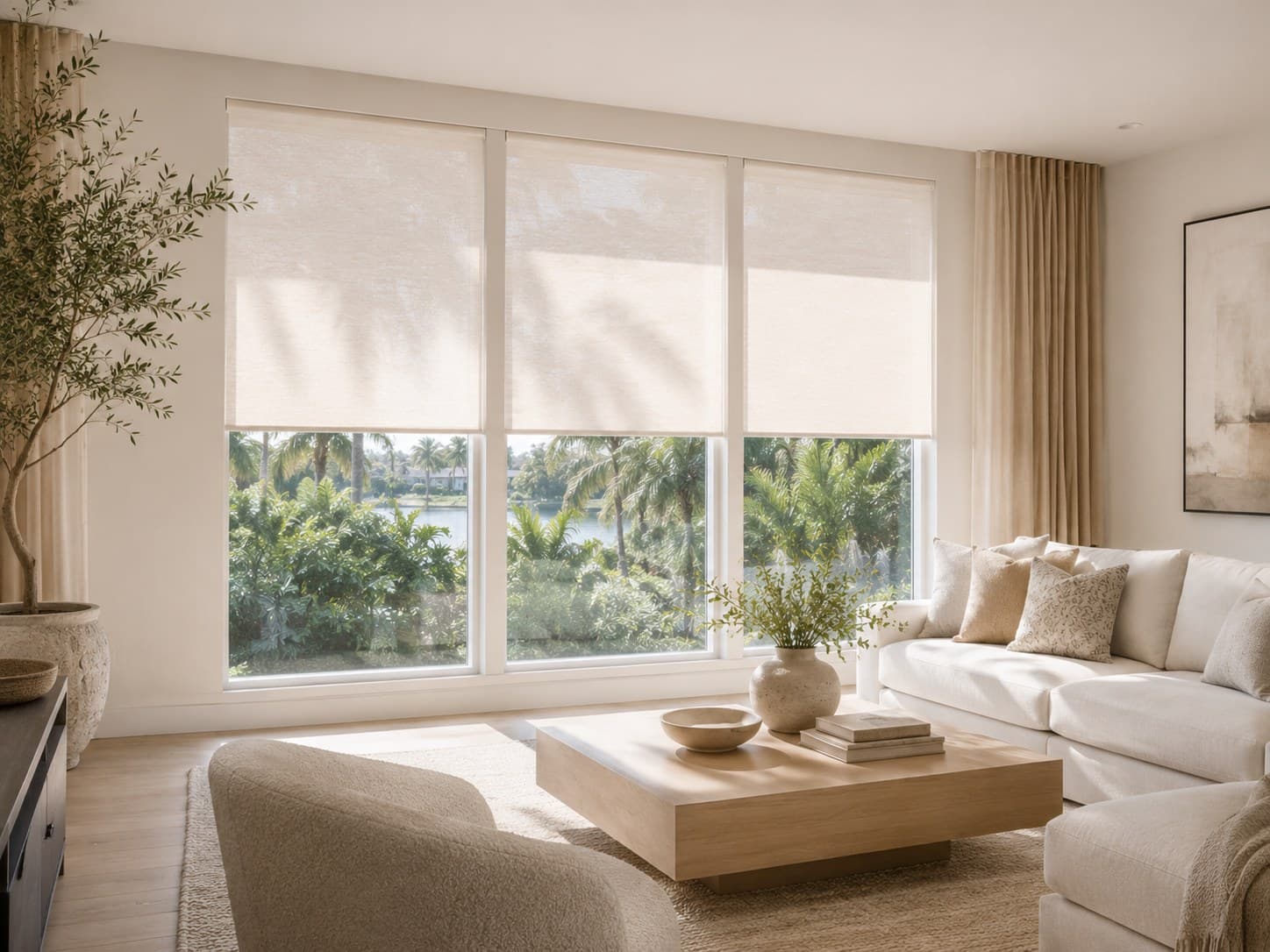 Custom roller shades in a bright South Florida living room