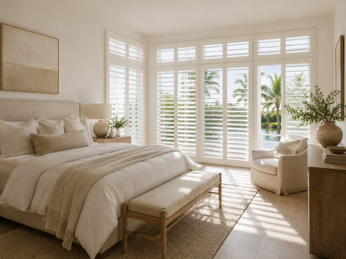 Plantation shutters in a warm neutral bedroom