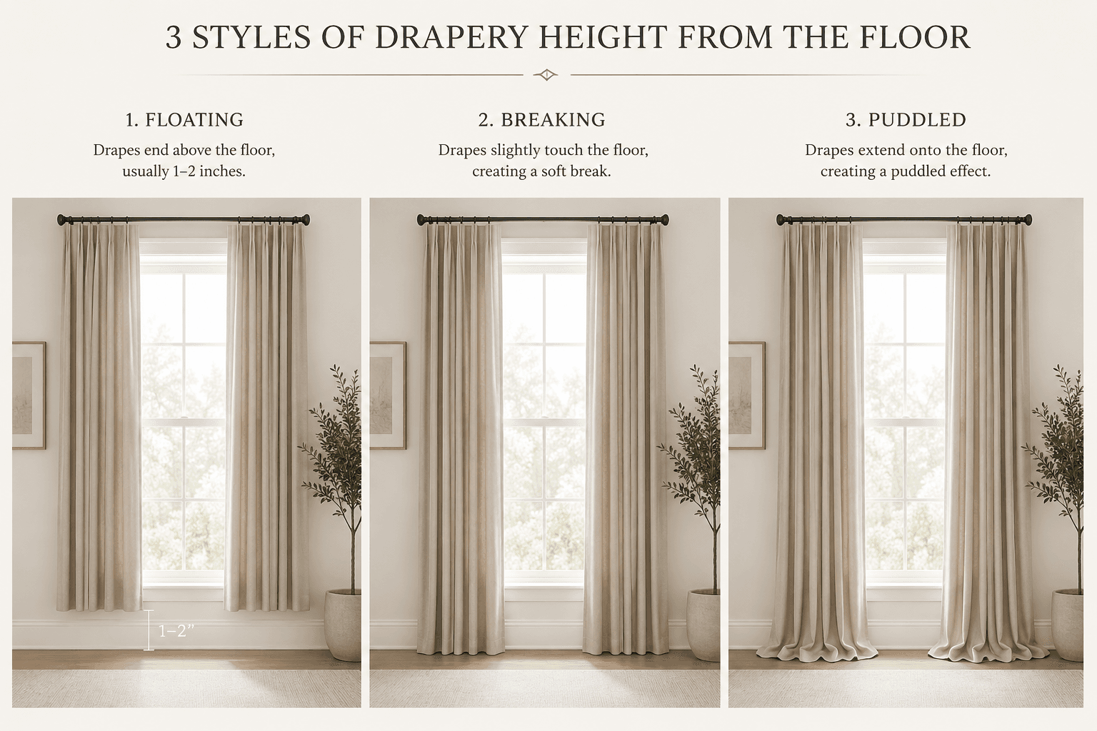 Guide showing floating, breaking, and puddled drapery length styles