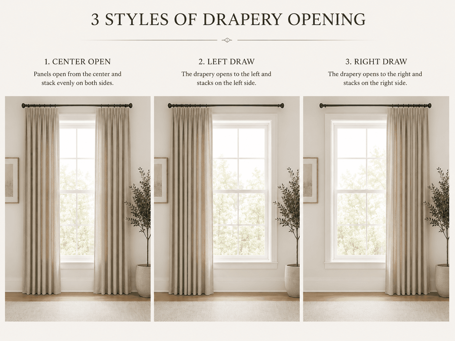 Guide showing center open, left draw, and right draw drapery opening styles