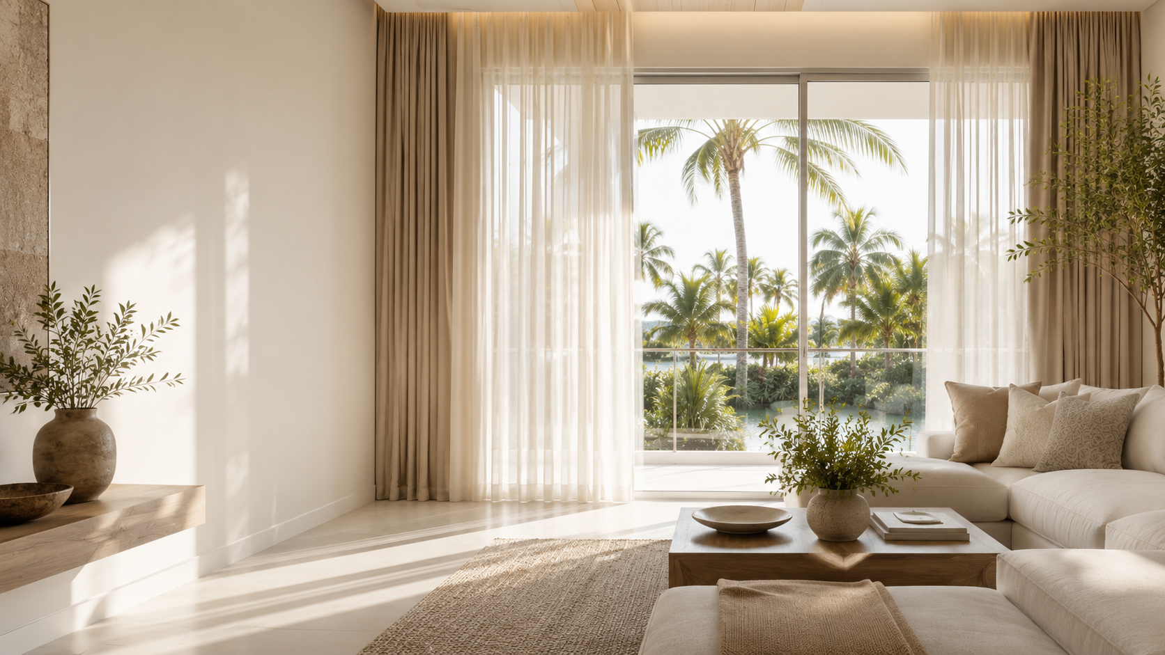 Custom sheer drapery and shades with a tropical South Florida view